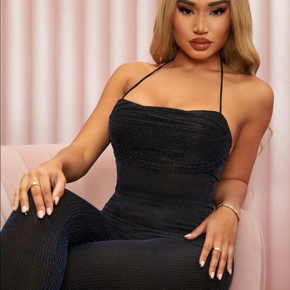 Tied Backless Ruched Glitter Halter Neck Bodysuit - Picture 2 of 9